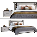 Modern Double Bed With Decorative Pillows Textured Bedspread And Nightstand Drawer 3d model