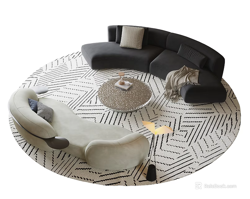 Modern Curved Sofa and Round Coffee Table Set with Light Accent Chair Geometric Rug 3d model 