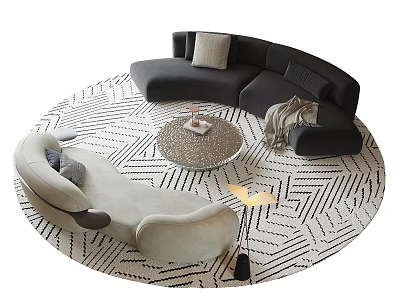 Modern Curved Sofa and Round Coffee Table Set with Light Accent Chair Geometric Rug 3d model