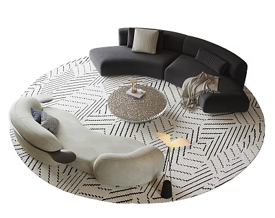 Modern Curved Sofa and Round Coffee Table Set with Light Accent Chair Geometric Rug 3d model
