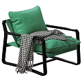 Stylish Modern Leisure Chair with Black Frame Beige Cushion and Black White Checkered Blanket