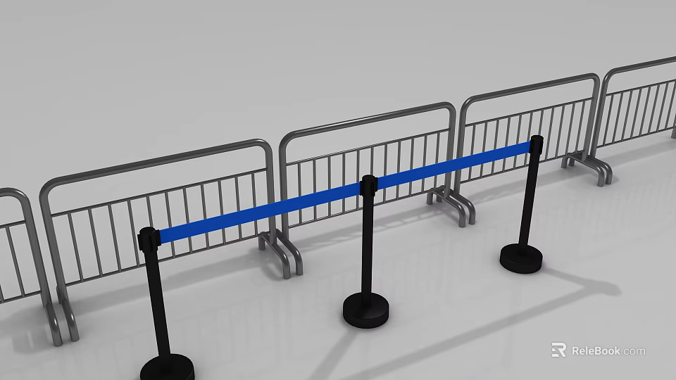 Metal Fence With Blue Barrier Tape And Black Posts For Crowd Control 3d model 