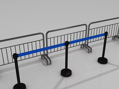 Metal Fence With Blue Barrier Tape And Black Posts For Crowd Control 3d model
