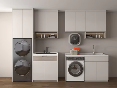 Modern Bathroom Cabinetry With Washing Machine Sink Storage And White Design 3d model