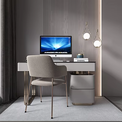 Elegant Modern Home Office Desk With Computer Chair And Hanging Lamps 3d model