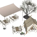 Garden Landscape With Tent Canopy Outdoor Tables Chairs Tree Stones And Plants
