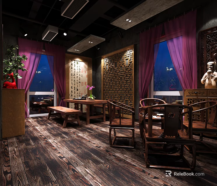 Traditional Chinese Tea House Interior With Wooden Furniture Carved Screen And Purple Curtains 3d model 