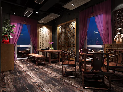 Traditional Chinese Tea House Interior With Wooden Furniture Carved Screen And Purple Curtains 3d model