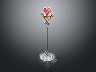 Heart Shaped Top Staff Weapon With Pink Gem And Golden Decoration On Base 3d model