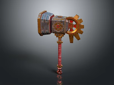 Ornate Mechanical Hammer With Red Gold Handle And Decorative Gear Design 3d model