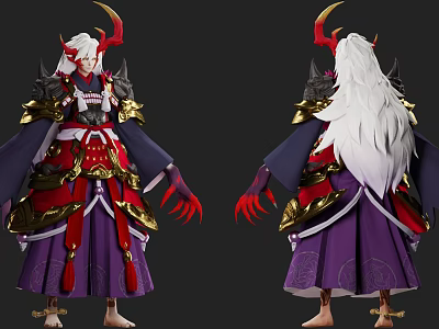 Game Movie Character With White Long Hair Red Horns Purple Red Outfit Golden Armor Claws 3d model
