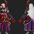 Game Movie Character With White Long Hair Red Horns Purple Red Outfit Golden Armor Claws