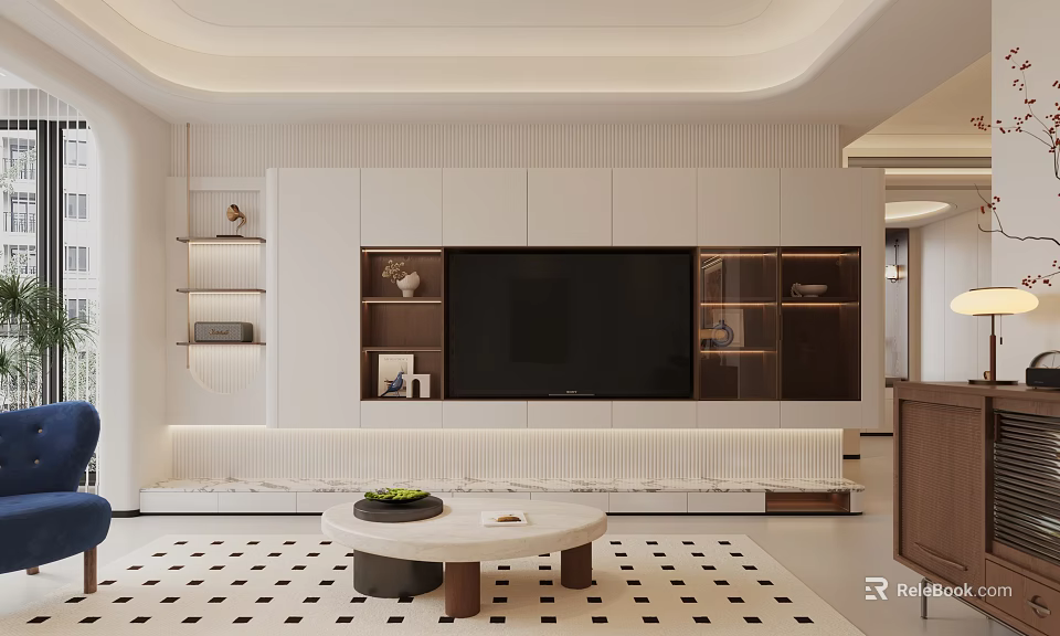 Elegant Modern Living Room With TV Wall White Cabinets Round Coffee Table And Geometric Rug 3d model 