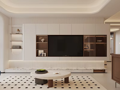 Elegant Modern Living Room With TV Wall White Cabinets Round Coffee Table And Geometric Rug 3d model
