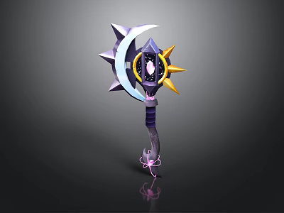 Mystical Crescent Star Magic Staff With Purple Handle Yellow Accents And Central Gemstone 3d model