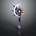 Mystical Crescent Star Magic Staff With Purple Handle Yellow Accents And Central Gemstone