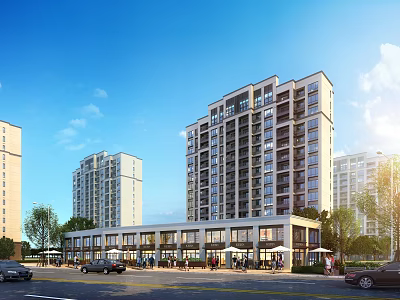 Vibrant Commercial Street With Modern High Rise Buildings Cars Pedestrians Trees And Outdoor Umbrellas 3d model