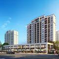 Vibrant Commercial Street With Modern High Rise Buildings Cars Pedestrians Trees And Outdoor Umbrellas