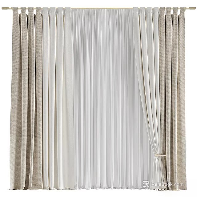 Elegant Modern Curtains With Beige Linen Panels And White Sheer Layers For Home Decor 3d model 