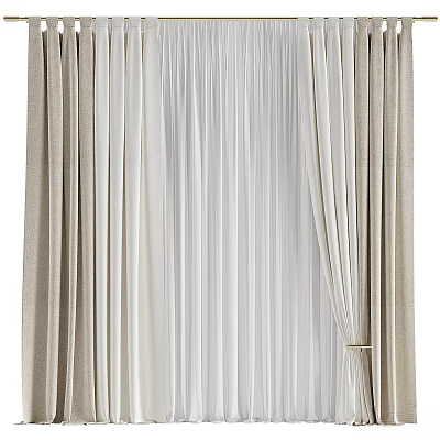 Elegant Modern Curtains With Beige Linen Panels And White Sheer Layers For Home Decor 3d model