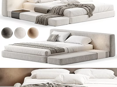 Modern Double Bed Design With Linen Headboard And Neutral Tones Mattress Pillows 3d model