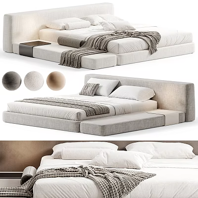 Modern Double Bed Design With Linen Headboard And Neutral Tones Mattress Pillows 3d model