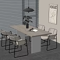 Modern Dining Table Set With White Chairs Vase Book Near Window Blinds And Pendant Light