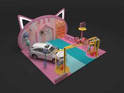 Pink Cat Ear Shaped Toy Car Wash Scene With White Car Balloons And Flamingo Decorations 3d model