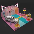Pink Cat Ear Shaped Toy Car Wash Scene With White Car Balloons And Flamingo Decorations
