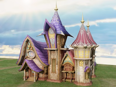 Cartoon Style Castle With Purple Pink Spires And Decorative Windows On Green Grass 3d model