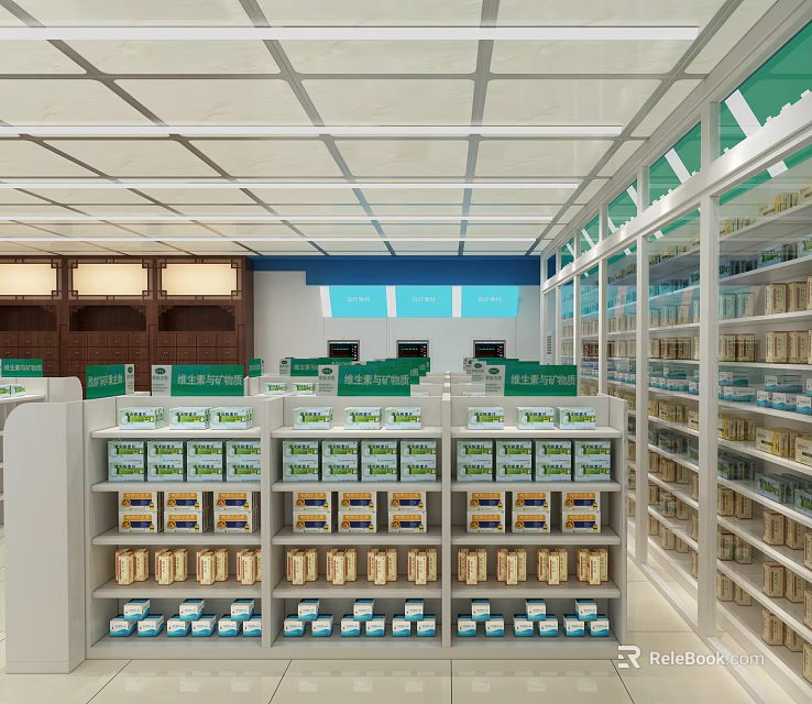 Well Stocked Health Specialty Store With Organized Shelves And Checkout Counters 3d model 