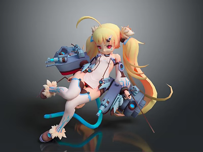 Game Anime Character With Blonde Twin Tails Red Eyes And Mechanical Ship Parts 3d model