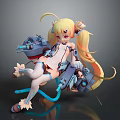 Game Anime Character With Blonde Twin Tails Red Eyes And Mechanical Ship Parts