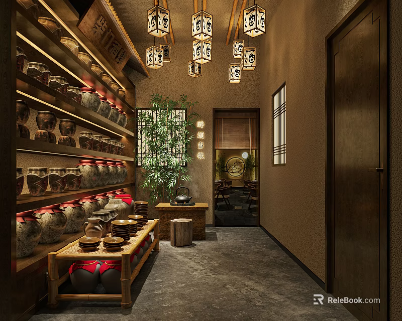 Traditional Chinese Restaurant Interior With Wooden Decor Lanterns Clay Pots And Green Plants 3d model 