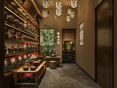 Traditional Chinese Restaurant Interior With Wooden Decor Lanterns Clay Pots And Green Plants 3d model
