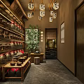 Traditional Chinese Restaurant Interior With Wooden Decor Lanterns Clay Pots And Green Plants