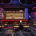 Modern Bar Interior with Circular LED Lights Pendant Lamps Graffiti Decor Seating and Bar Counter