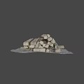 Train Scene with Pile of Old Charred Decayed Wood Logs on Gravel Ground