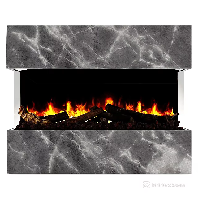 Marble Fireplace with Natural Stone Texture and Burning Logs and Flames in Modern Interior 3d model 
