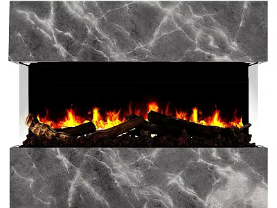Marble Fireplace with Natural Stone Texture and Burning Logs and Flames in Modern Interior 3d model