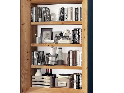 Wooden Multi tiered Shelving Unit With Books Decorative Items And Storage Boxes 3d model