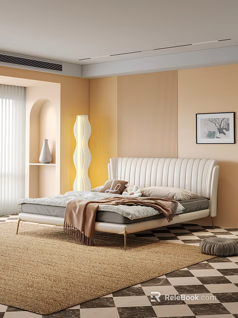 Modern Bedroom Interior With Tufted Headboard Yellow Wavy Floor Lamp And Vertical Slat Wall 3d model 