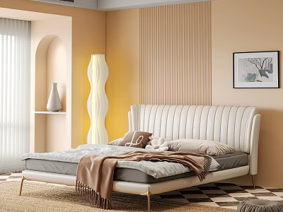 Modern Bedroom Interior With Tufted Headboard Yellow Wavy Floor Lamp And Vertical Slat Wall 3d model
