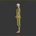 Man In Yellow Open Front Tracksuit With Striped Pants Barefoot On Grey Background
