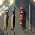 Grill Tools And Skewered Kebab With Fresh Herbs On Tiled Surface