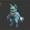 Anthropomorphic Blue Wolf Like Creature With Red Eyes Yellow Chest Marking And Pink Claws