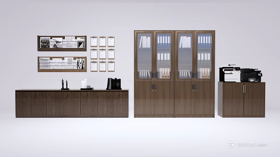 Wooden Bookcase With Glass Doors And Organized Binders In Office Interior Design 3d model 