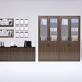 Wooden Bookcase With Glass Doors And Organized Binders In Office Interior Design