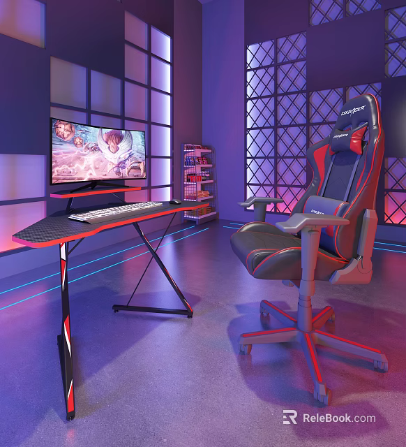 Gaming Desk with Keyboard Monitor and Gaming Chair in Grid Decor Purple Blue Lighting Room 3d model 