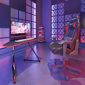 Gaming Desk with Keyboard Monitor and Gaming Chair in Grid Decor Purple Blue Lighting Room